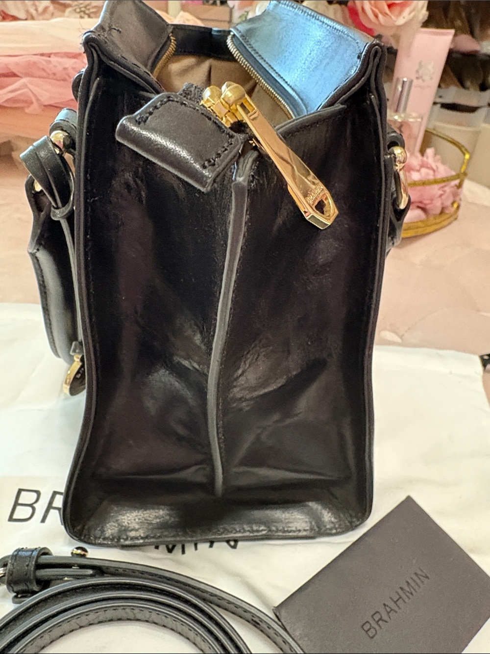 Brahmin Black Leather Satchel with Gold Hardware and Detachable Strap - Picture 10 of 12